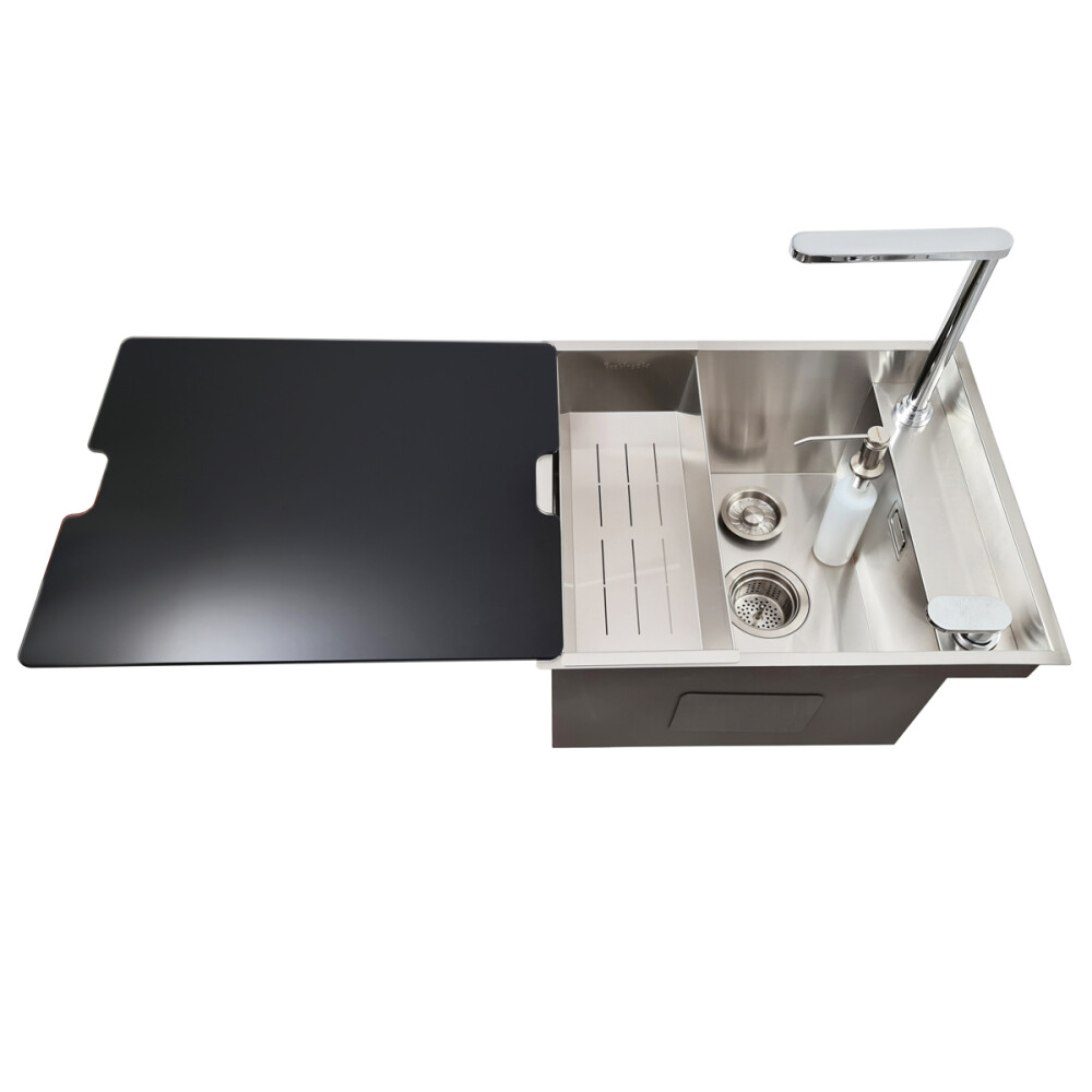 Chiuveta bucatarie inox CookingAid INVISIBLE DEEP cu baterie telescopica integrata, scurgator vase/paste/fructe, tocator sticla temperizata, dozator detergent + accesorii montaj