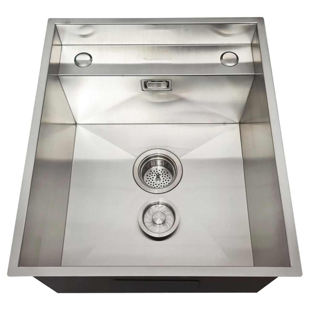 Chiuveta bucatarie inox CookingAid INVISIBLE DEEP cu scurgator vase/paste/fructe, dozator detergent + accesorii montaj.