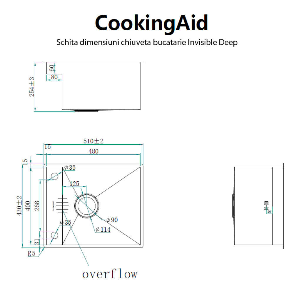 Chiuveta bucatarie inox CookingAid INVISIBLE DEEP cu scurgator vase/paste/fructe, dozator detergent + accesorii montaj.