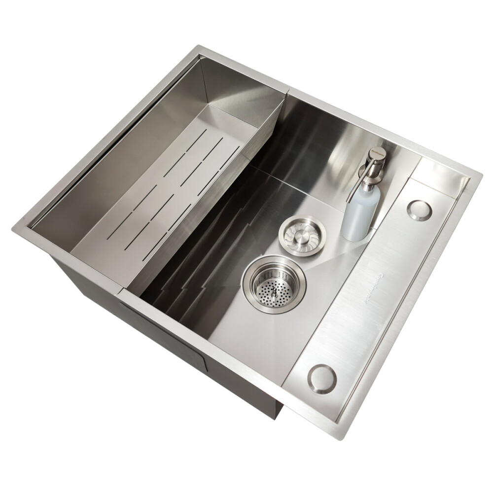 Chiuveta bucatarie inox CookingAid INVISIBLE DEEP cu scurgator vase/paste/fructe, dozator detergent + accesorii montaj.