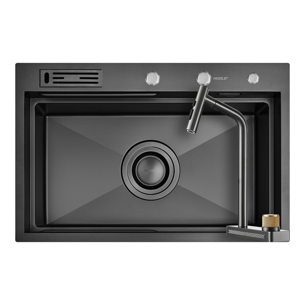 Baterie bucatarie Higold Waterfall 980194 cu sistem de curgere tip cascada, cap extractibil, 2 tipuri de jet, cartus ceramic, gunmetal