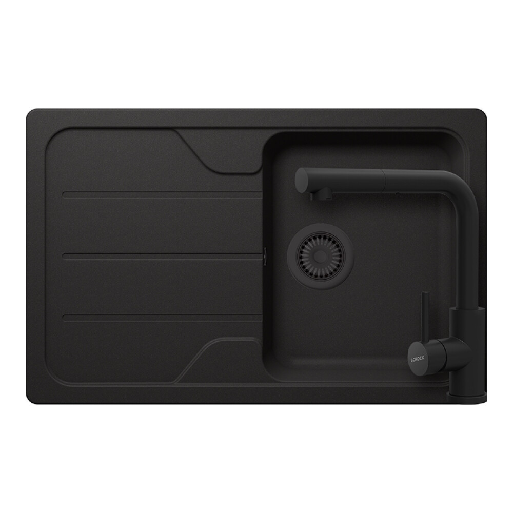 Set chiuveta bucatarie Schock Formhaus D-100S 780 x 500 mm Cristalite Nero cu parti vizibile negru si baterie bucatarie Schock Kantus cu cap extractibil, negru