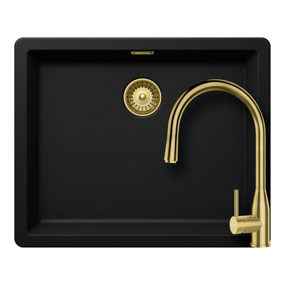 Set chiuveta bucatarie Schock Greenwich N-100L 556 x 456 mm Cristadur Puro, negru intens cu baterie bucatarie Schock Kavus cu cap extractibil si parti vizibile White Gold