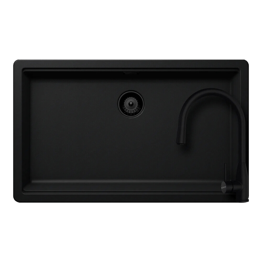 Set chiuveta bucatarie Schock Greenwich N-100XL 750 x 456 mm Cristadur Puro, negru intens cu parti vizibile si baterie bucatarie Schock Kavus cu cap extractibil Puro