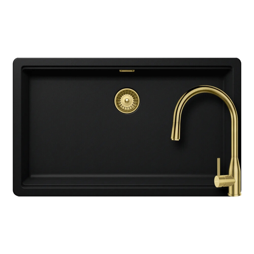 Set chiuveta bucatarie Schock Greenwich N-100XL 750 x 456 mm Cristadur Puro, negru intens cu baterie bucatarie Schock Kavus cu cap extractibil si parti vizibile White Gold