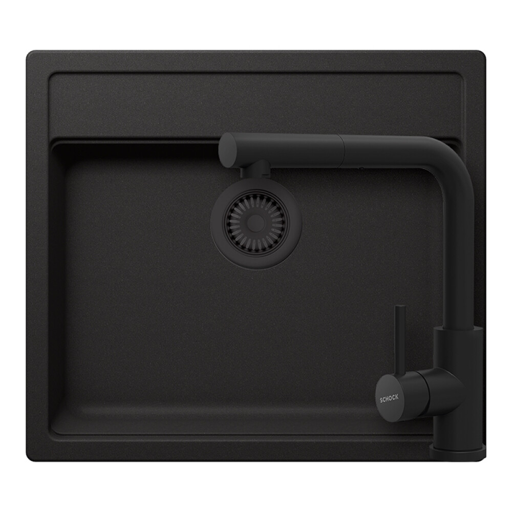 Set chiuveta bucatarie Schock Nemo N-100 570 x 510 mm Cristalite Nero cu parti vizibile negru si baterie bucatarie Schock Kantus cu cap extractibil, negru
