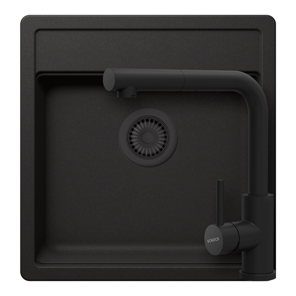 Set chiuveta bucatarie Schock Nemo N-100S 490 x 510 mm Cristalite Nero cu parti vizibile negru si baterie bucatarie Schock Kantus cu cap extractibil, negru