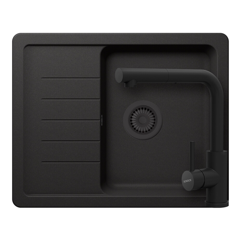 Set chiuveta bucatarie Schock Pinedo D-100XS 620 x 500 mm Cristalite Nero cu parti vizibile negru si baterie bucatarie Schock Kantus cu cap extractibil, negru
