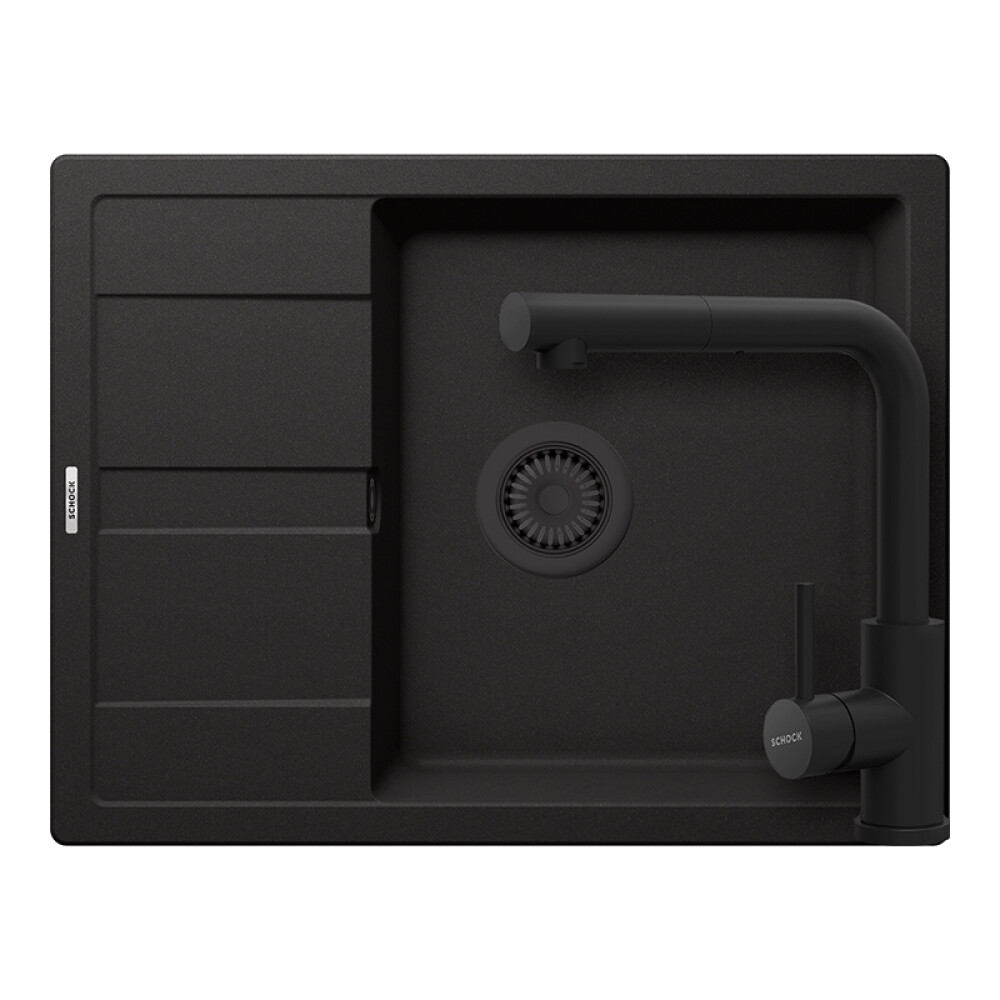 Set chiuveta bucatarie Schock Ronda D-100L 650 x 500 mm Cristalite Nero cu parti vizibile negru si baterie bucatarie Schock Kantus cu cap extractibil, negru