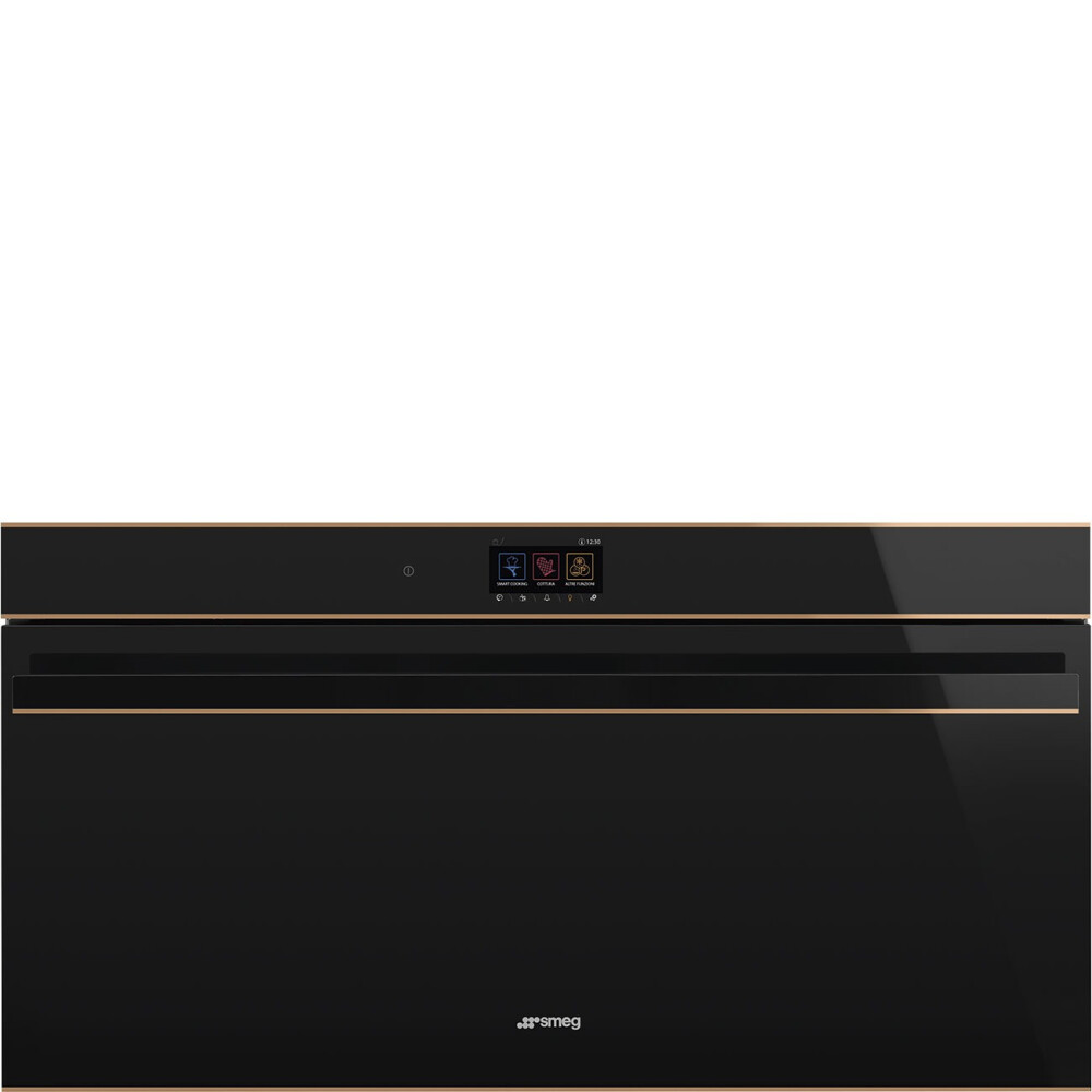 Cuptor cu termo-ventilare si piroliza SMEG Dolce Stil Novo, SFPR9604TNR, negru lucios cu detalii din cupru, inaltime redusa, 90 cm, capacitate 85 l, clasa A+