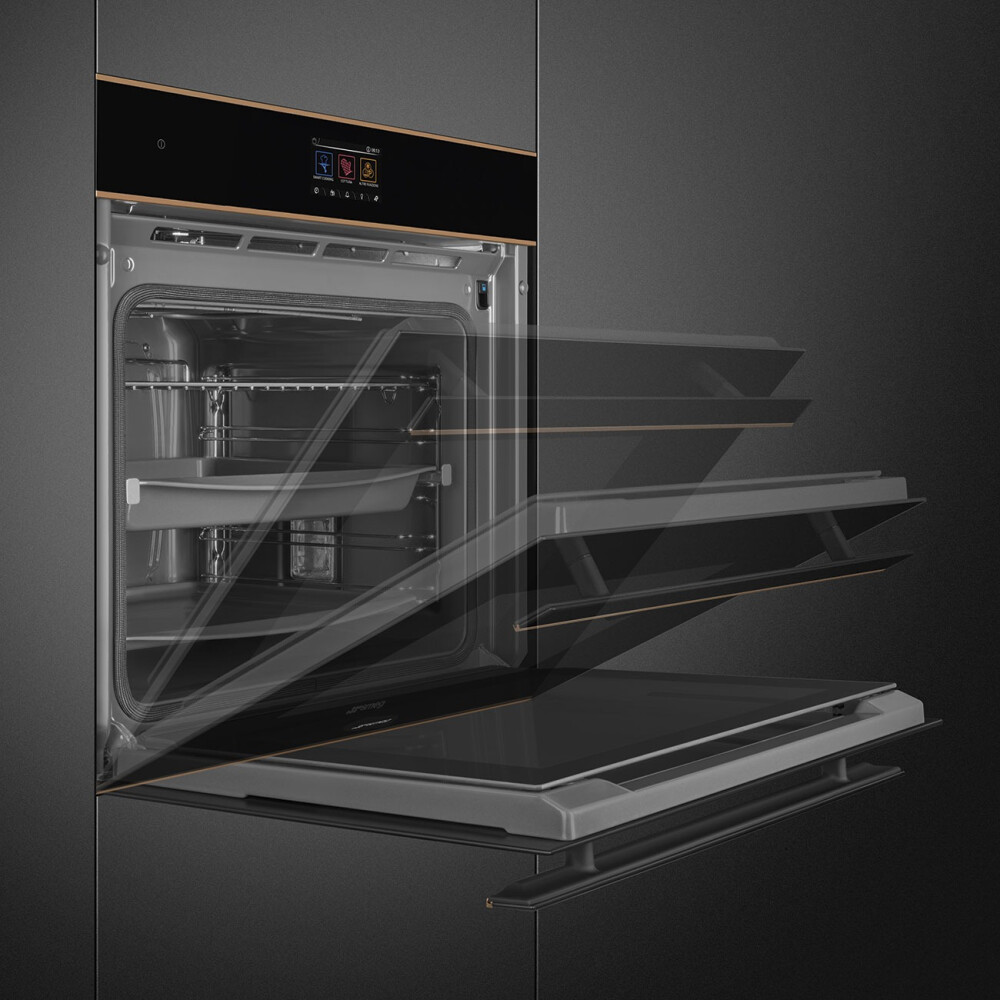 Cuptor cu piroliză SMEG Dolce Stil Novo, SOP6604TPNR, negru cu detalii din cupru, 60 cm, capacitate 68 l, clasa A+