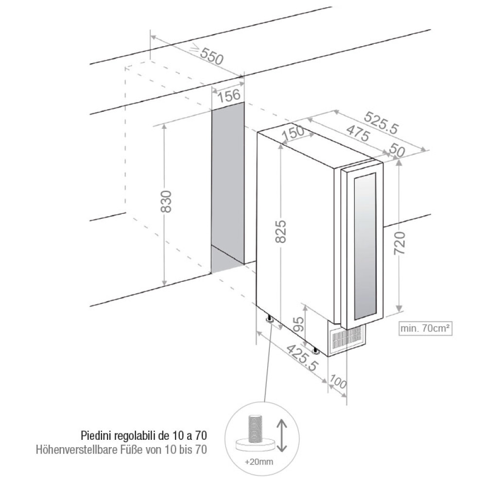 Vitrina de vin incorporabila Pando PVZB 15-9CRL, 9 sticle, 22 l, G