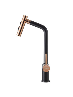 Baterie CookingAid Ferrara Black/Golden Rose cu furtun dus extractibil si buton schimbare dus/jet, culoare negru cu auriu roze
