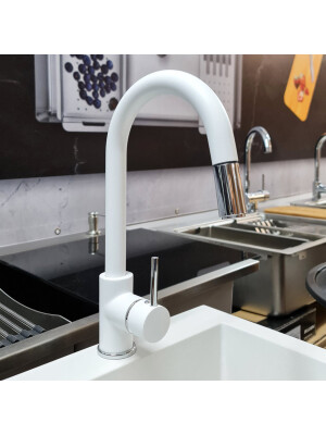 Baterie CookingAid Indiana cu furtun dus retractabil / cap extractibil si finisaj granit Alb / Polar White