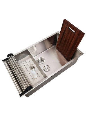 Chiuveta bucatarie inox CookingAid HERA LARGE cu dozator detergent, scurgator vase/paste/fructe, gratar rulabil inox, tocator Sapele + accesorii montaj