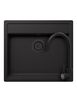 Set chiuveta bucatarie Schock Nemo N-100 570 x 510 mm Cristalite Nero cu parti vizibile negru si baterie bucatarie Schock Prima negru