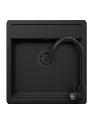 Set chiuveta bucatarie Schock Nemo N-100S 490 x 510 mm Cristalite Nero cu parti vizibile negru si baterie bucatarie Schock Prima negru