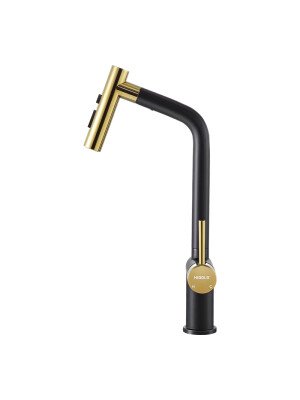  Baterie bucatarie Higold Piniz cu cap extractibil, 2 tipuri de jet, cartus ceramic, negru si gold