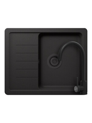 Set chiuveta bucatarie Schock Pinedo D-100XS 620 x 500 mm Cristalite Nero cu parti vizibile negru si baterie bucatarie Schock Prima negru