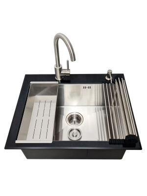 Chiuveta bucatarie inox CookingAid TEMPERED GLASS BLACK cu scurgator vase/paste/fructe, gratar rulabil inox, dozator detergent + accesorii montaj