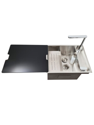 Chiuveta bucatarie inox CookingAid INVISIBLE DEEP cu baterie telescopica integrata, scurgator vase/paste/fructe, tocator sticla temperizata, dozator detergent + accesorii montaj
