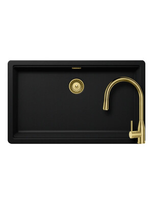 Set chiuveta bucatarie Schock Greenwich N-100XL 750 x 456 mm Cristadur Puro, negru intens cu baterie bucatarie Schock Kavus cu cap extractibil si parti vizibile White Gold