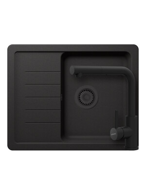 Set chiuveta bucatarie Schock Pinedo D-100XS 620 x 500 mm Cristalite Nero cu parti vizibile negru si baterie bucatarie Schock Kantus cu cap extractibil, negru