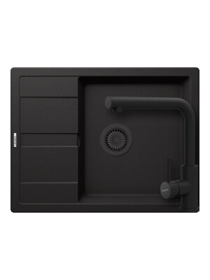 Set chiuveta bucatarie Schock Ronda D-100L 650 x 500 mm Cristalite Nero cu parti vizibile negru si baterie bucatarie Schock Kantus cu cap extractibil, negru