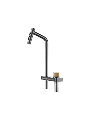 Baterie bucatarie Higold Waterfall 980194 cu sistem de curgere tip cascada, cap extractibil, 2 tipuri de jet, cartus ceramic, gunmetal