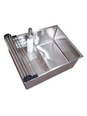 Chiuveta bucatarie inox CookingAid HERA MEDIUM cu dozator detergent, tavita scurgere inox, gratar rulabil inox + accesorii montaj