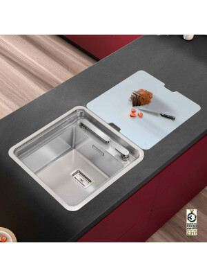 Chiuveta bucatarie inox CookingAid VISION 40 cu baterie telescopica integrata, tocator sticla temperizata + accesorii montaj ideala pentru montaj sub