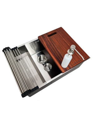 Chiuveta bucatarie inox CookingAid Hera Standard cu dozator detergent, scurgator tavita vase/paste/fructe, gratar rulabil inox si tocator lemn Sapele + accesorii montaj