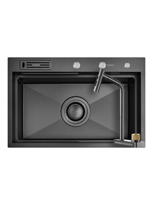 Set chiuveta bucatarie Higold 952357 750 x 480 mm cu accesorii si baterie bucatarie Higold Waterfall cu sistem de curgere tip cascada, cap extractibil, gunmetal