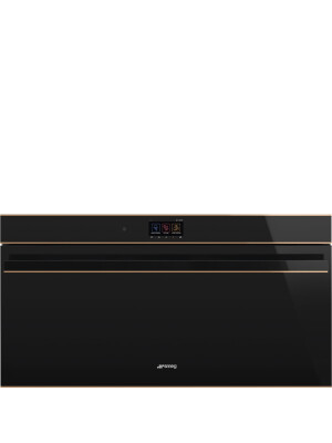 Cuptor cu termo-ventilare si piroliza SMEG Dolce Stil Novo, SFPR9604TNR, negru lucios cu detalii din cupru, inaltime redusa, 90 cm, capacitate 85 l, clasa A+