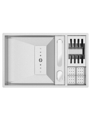 Chiuveta bucatarie inox CookingAid INVISIBLE 70 cu scurgator vase si baterie telescopica integrata, capac scurgere invizibil, tocator sticla temperiza