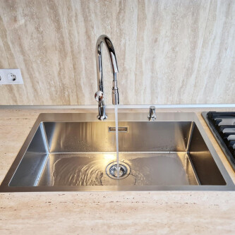 Chiuveta bucatarie inox CookingAid Box Lux 76 cu montaj pe/sub blat + baterie CookingAid Parmix Chrome + dozator detergent