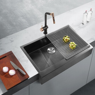 Baterie CookingAid Ferrara Black/Golden Rose cu furtun dus extractibil si buton schimbare dus/jet, culoare negru cu auriu roze