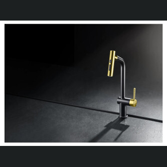  Baterie bucatarie Higold Piniz cu cap extractibil, 2 tipuri de jet, cartus ceramic, negru si gold