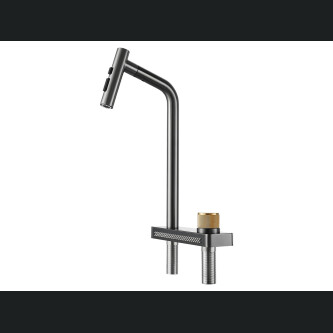 Baterie bucatarie Higold Waterfall 980194 cu sistem de curgere tip cascada, cap extractibil, 2 tipuri de jet, cartus ceramic, gunmetal