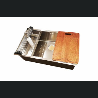Chiuveta bucatarie inox CookingAid HERA LARGE cu dozator detergent, scurgator vase/paste/fructe, gratar rulabil inox, tocator Sapele + accesorii montaj