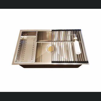 Chiuveta bucatarie inox CookingAid HERA LARGE cu dozator detergent, scurgator vase/paste/fructe, gratar rulabil inox, tocator Sapele + accesorii montaj