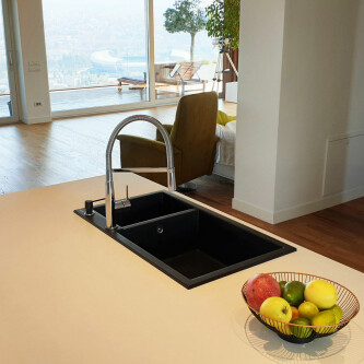 Chiuveta bucatarie granit dubla cu 2 cuve CookingAid Cube ON8620 Neagra / Black Metal quartz + accesorii montaj