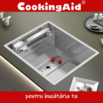 Chiuveta bucatarie inox CookingAid INVISIBLE 40R cu baterie telescopica integrata, tocator sticla temperizata, tocator resturi alimenatare Rodi + adap