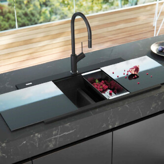 Chiuveta bucatarie granit dubla cu 2 cuve CookingAid Kinga LX8620 Neagra / Black Metal Quartz + accesorii montaj