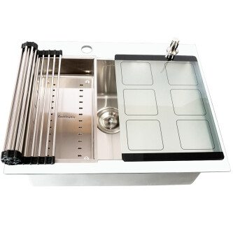 Chiuveta bucatarie inox CookingAid TEMPERED GLASS WHITE cu tocator personalizat sticla temperizata, scurgator vase/paste/fructe, gratar rulabil inox,