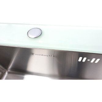 Chiuveta bucatarie inox CookingAid TEMPERED GLASS WHITE cu tocator personalizat sticla temperizata, scurgator vase/paste/fructe, gratar rulabil inox,