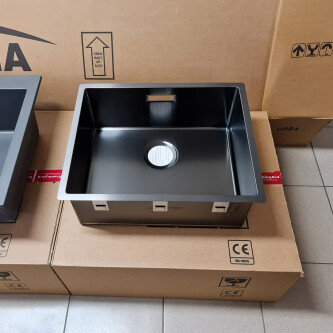 Chiuveta bucatarie inox CookingAid BOX LUX 50 GREY cu strat PVD ceramic culoare gri + accesorii montaj