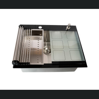 Chiuveta bucatarie inox CookingAid TEMPERED GLASS BLACK cu scurgator vase/paste/fructe, gratar rulabil inox, dozator detergent + accesorii montaj