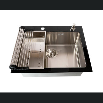 Chiuveta bucatarie inox CookingAid TEMPERED GLASS BLACK cu scurgator vase/paste/fructe, gratar rulabil inox, dozator detergent + accesorii montaj