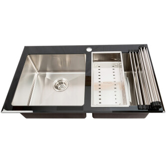 Chiuveta bucatarie inox CookingAid TEMPERED GLASS DUO cu tocator personalizat sticla temperizata, scurgator vase/paste/fructe, gratar rulabil inox + a